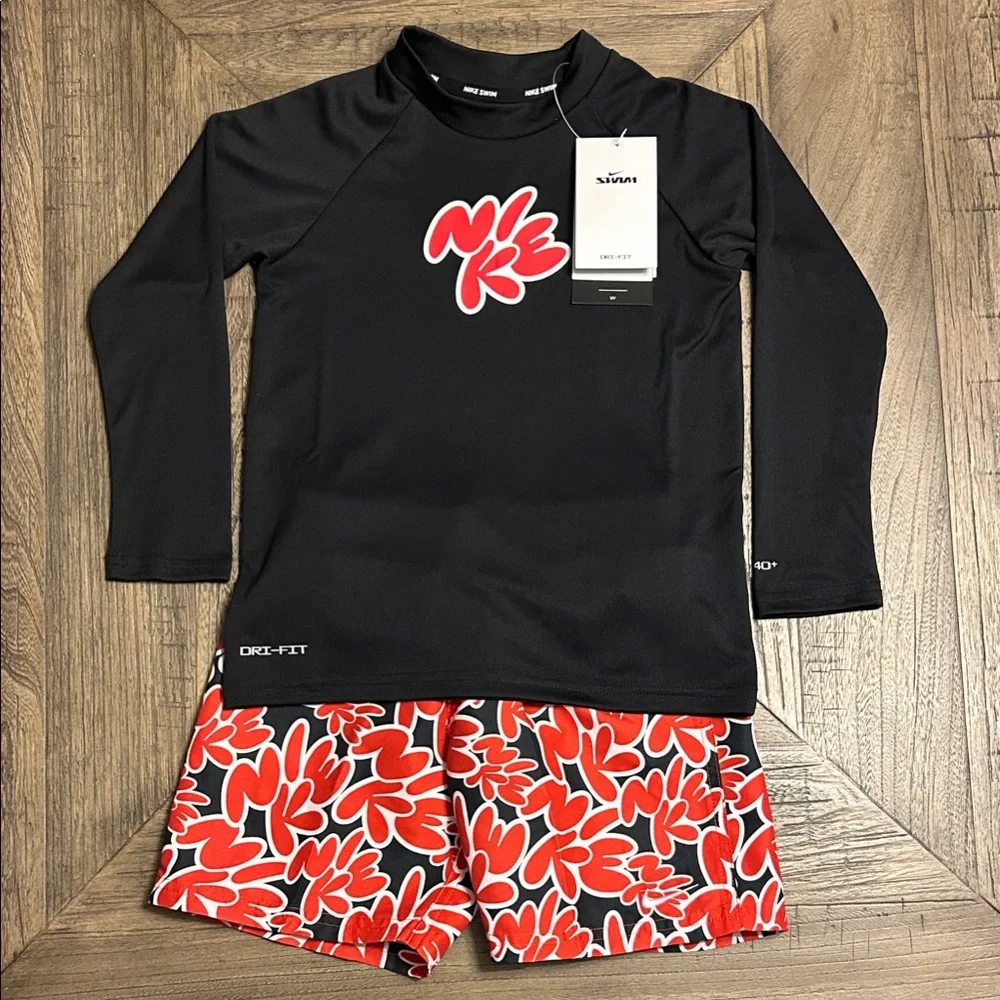 Nike Boys Rashguard/Swim Trunk Set Black/Red Size 5 NWT